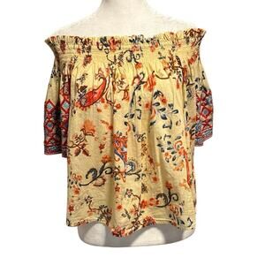 MIRA Size M Off the Shoulder Shirt Top Floral Print Boho Embroidered 100% Cotton